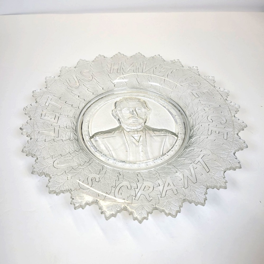 Antique Ulysses S Grant EAPG Clear Glass Relief Plate "Let Us Have Peace" 10"